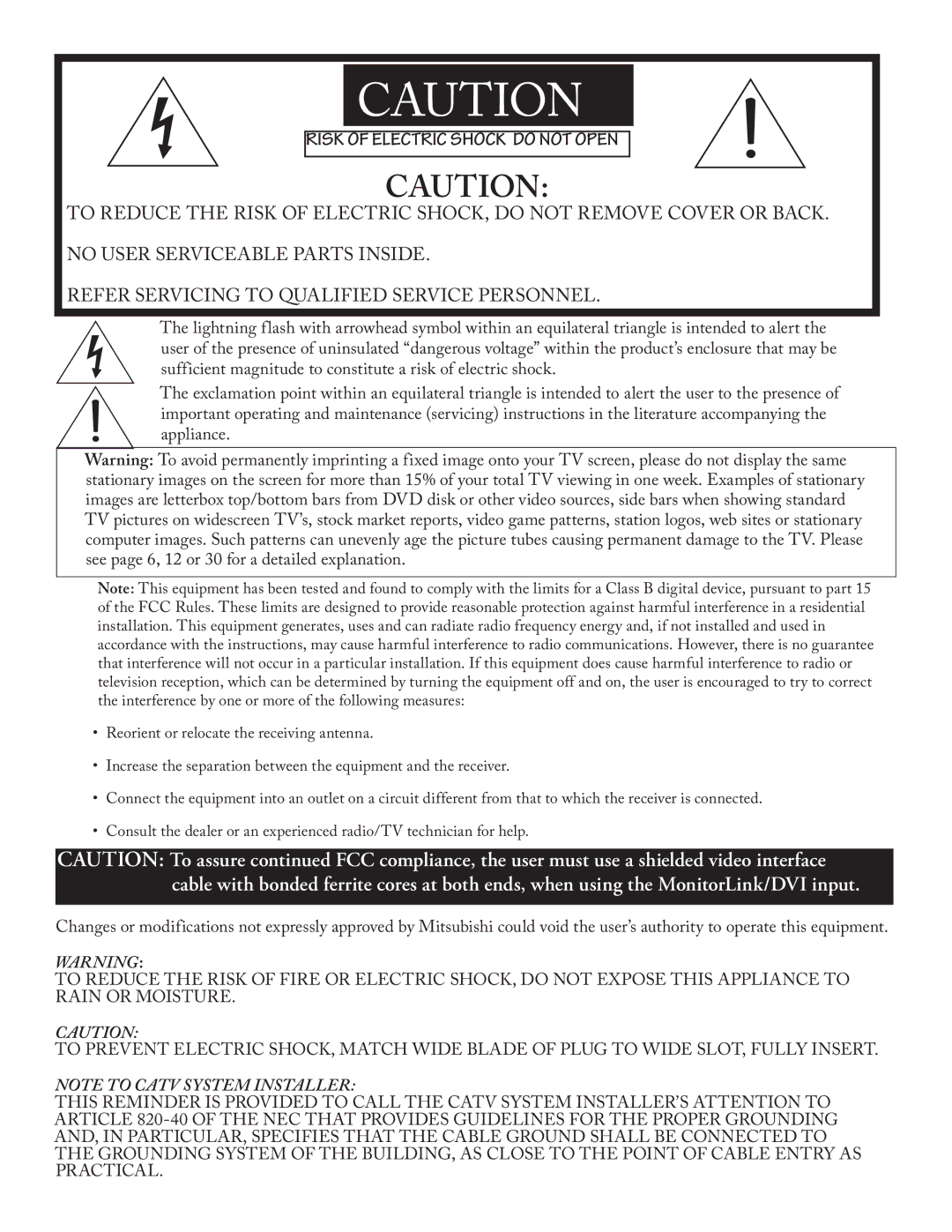 Mitsubishi Electronics WS - 48313, WT - 42313, WS - 65313, WS - 55313 manual Risk of Electric Shock do not Open 