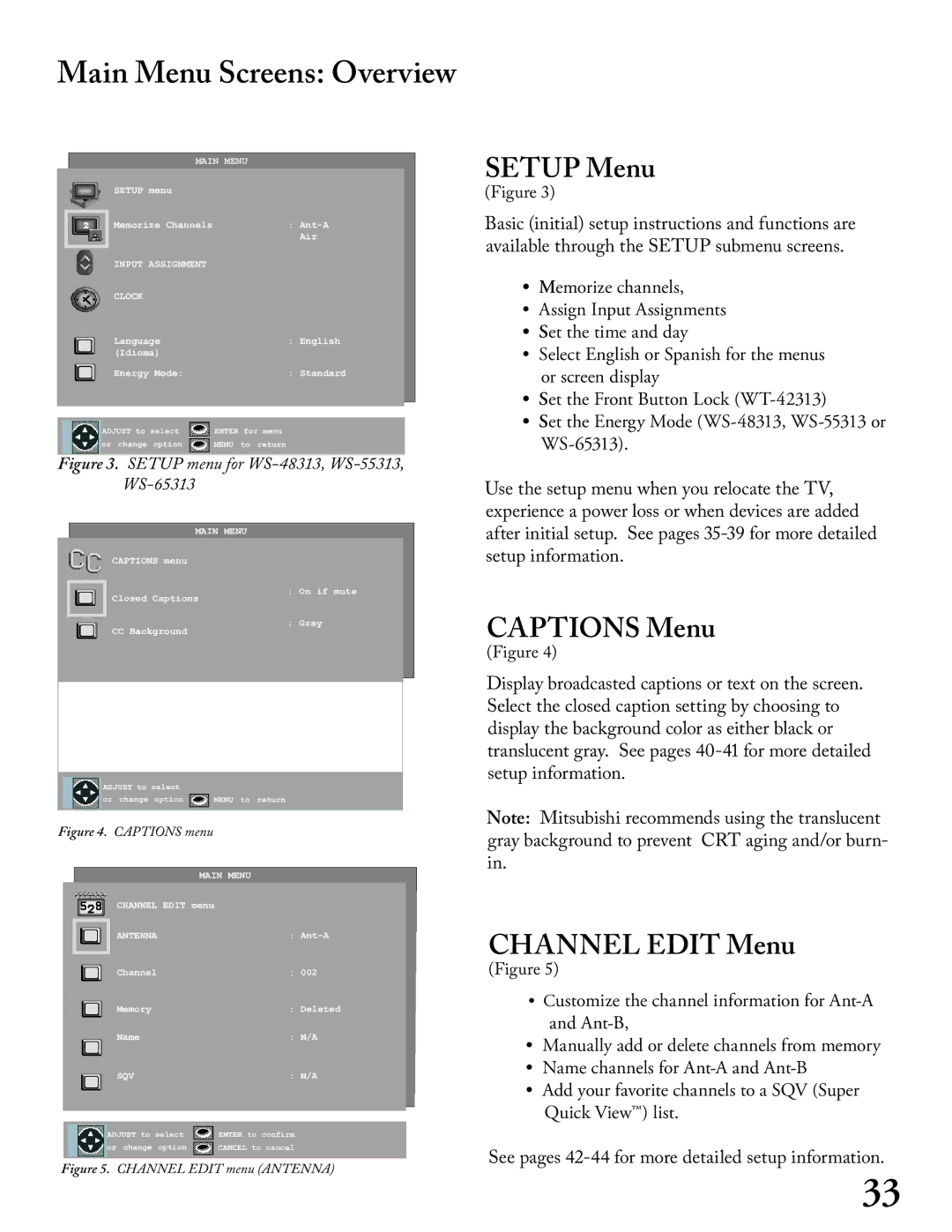 Mitsubishi Electronics WS - 65313, WT - 42313 Main Menu Screens Overview, Setup Menu, Captions Menu, Channel Edit Menu 