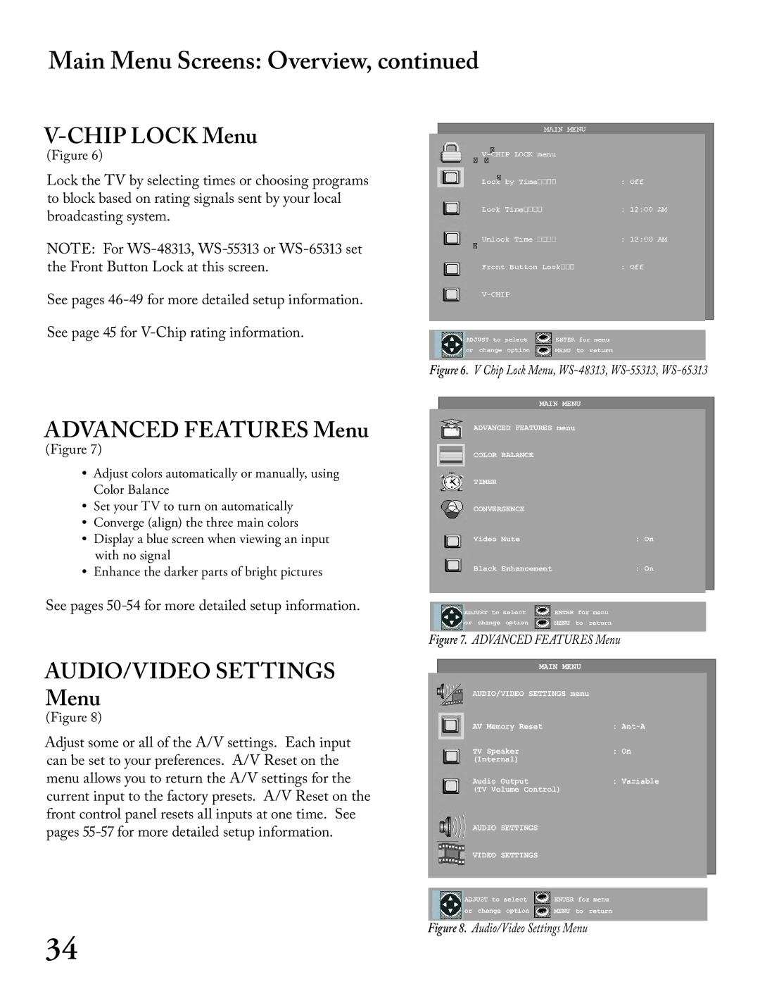 Mitsubishi Electronics WS - 48313, WT - 42313, WS - 65313, WS - 55313 manual Chip Lock Menu, Advanced Features Menu 