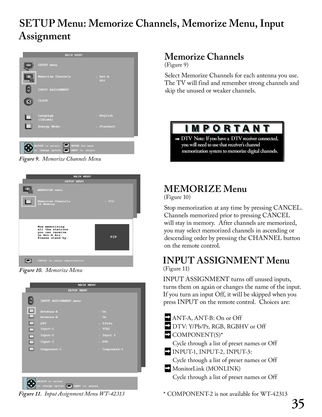 Mitsubishi Electronics WS - 55313, WT - 42313, WS - 65313 manual Memorize Channels, Memorize Menu, Input Assignment Menu 