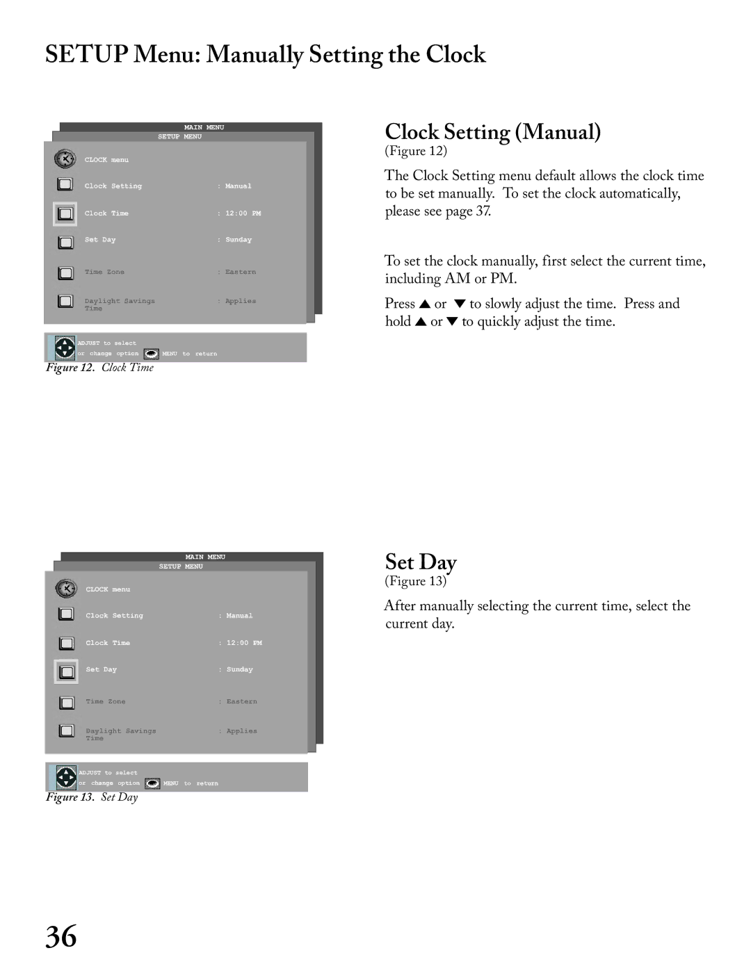 Mitsubishi Electronics WT - 42313, WS - 65313 manual Setup Menu Manually Setting the Clock, Clock Setting Manual, Set Day 