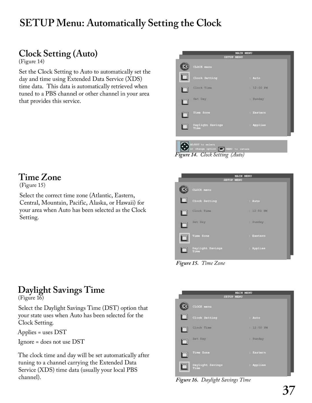 Mitsubishi Electronics WS - 65313, WT - 42313 Setup Menu Automatically Setting the Clock, Clock Setting Auto, Time Zone 