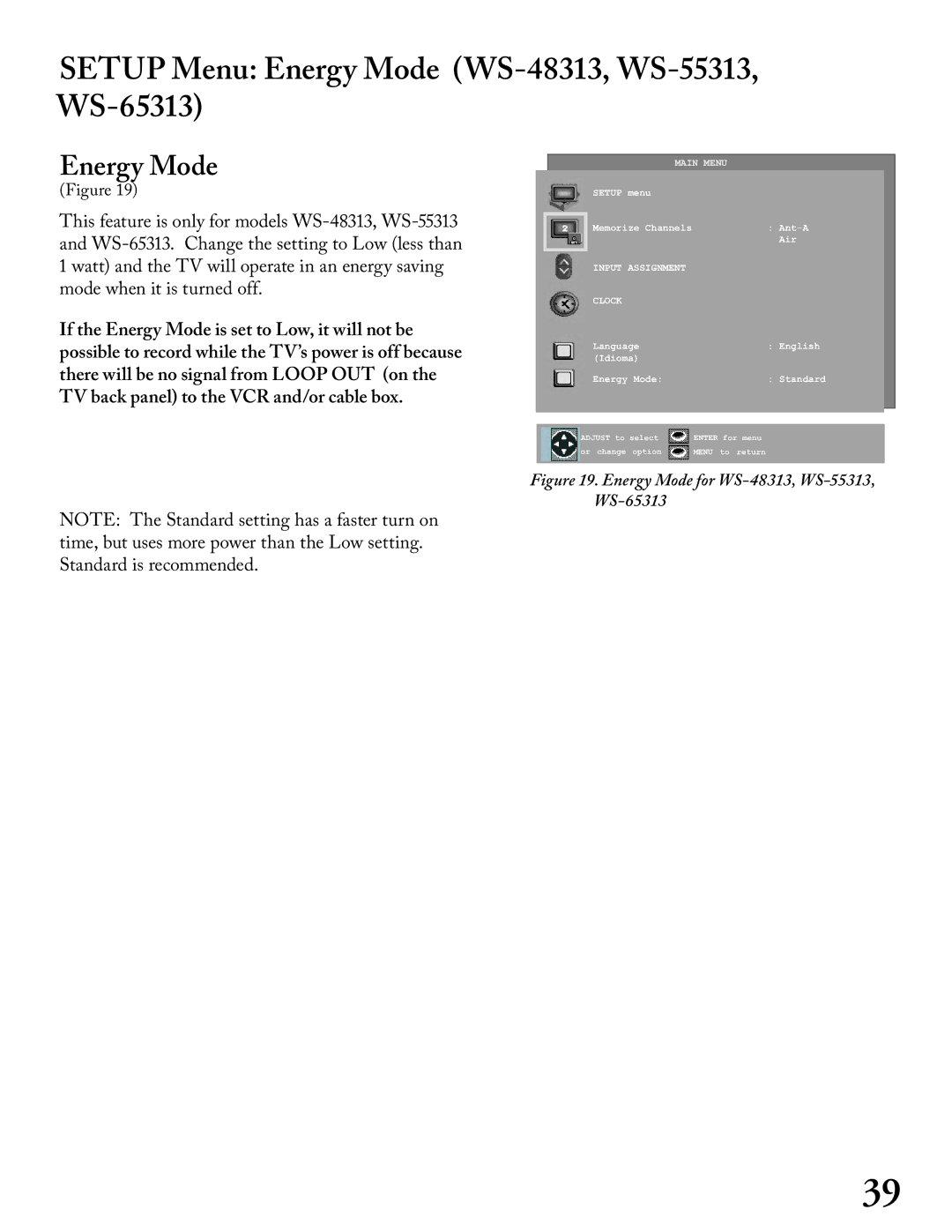 Mitsubishi Electronics WS - 55313, WT - 42313, WS - 65313, WS - 48313 Setup Menu Energy Mode WS-, WS- WS- 