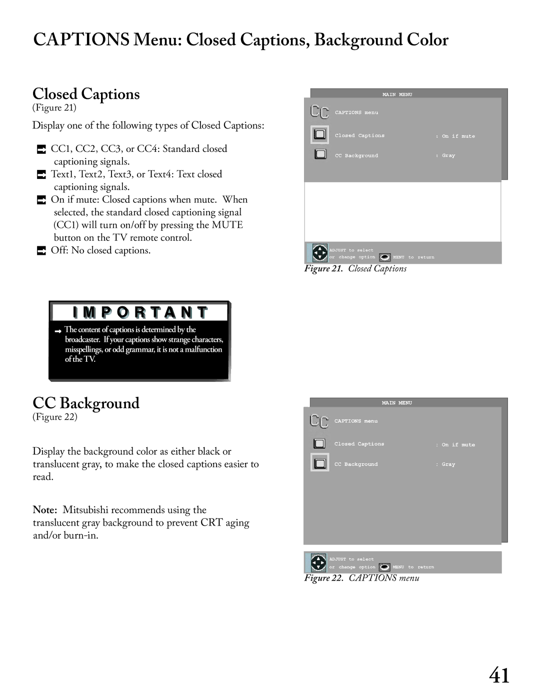 Mitsubishi Electronics WS - 65313 Captions Menu Closed Captions, Background Color, CC Background, Off No closed captions 