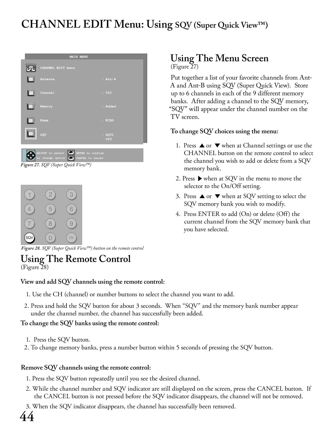 Mitsubishi Electronics WT - 42313, WS - 65313 manual Channel Edit Menu Using SQV Super Quick View, Using The Menu Screen 