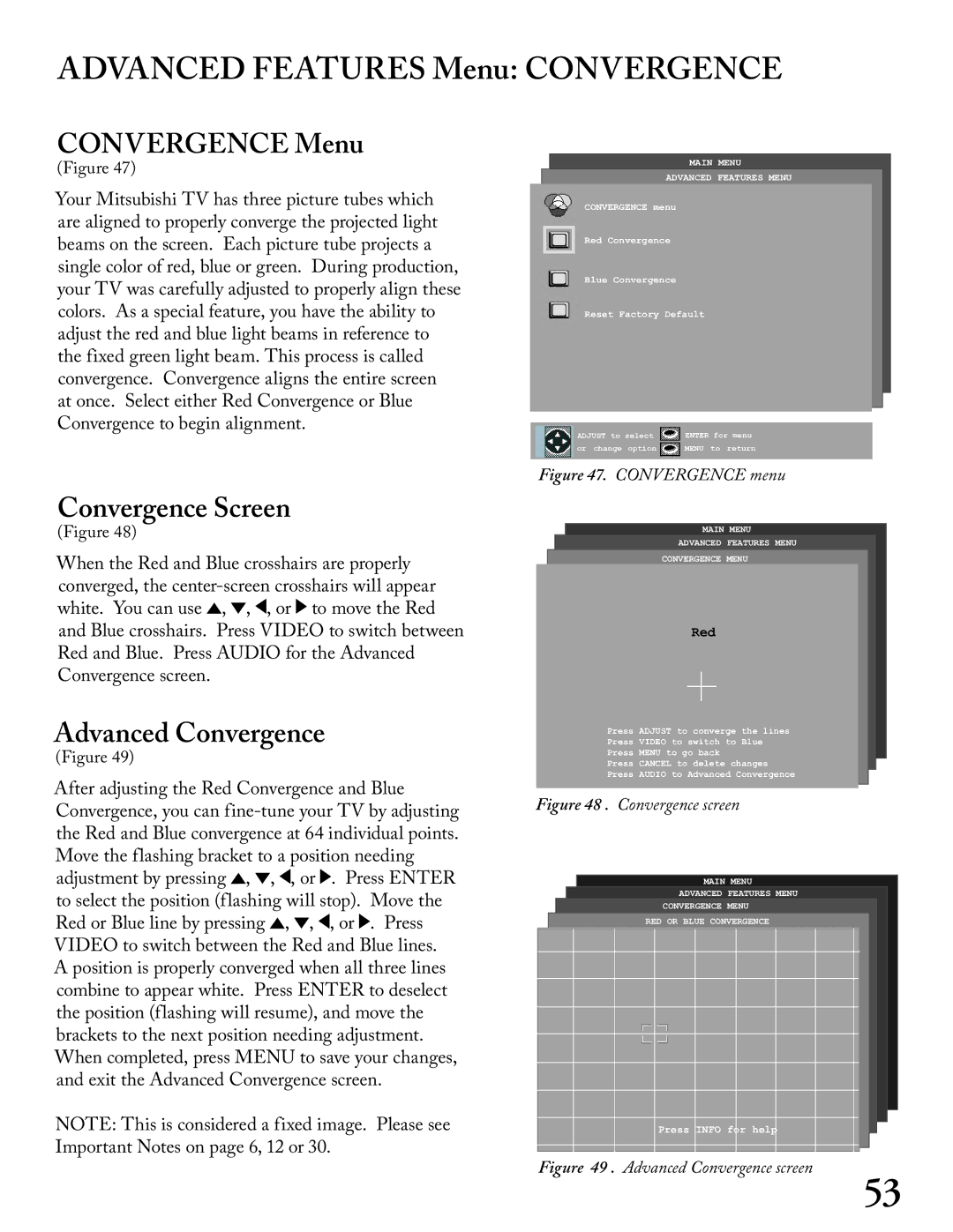 Mitsubishi Electronics WS - 65313, WT - 42313 Advanced Features Menu Convergence, Convergence Menu, Convergence Screen 