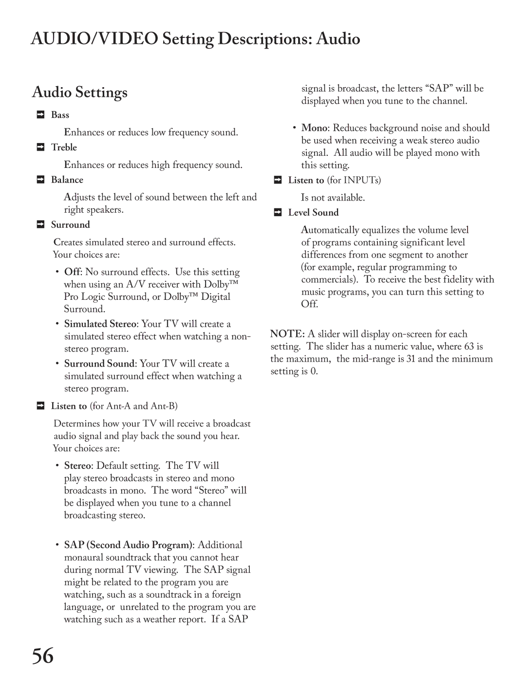 Mitsubishi Electronics WT - 42313, WS - 65313, WS - 48313, WS - 55313 AUDIO/VIDEO Setting Descriptions Audio, Audio Settings 