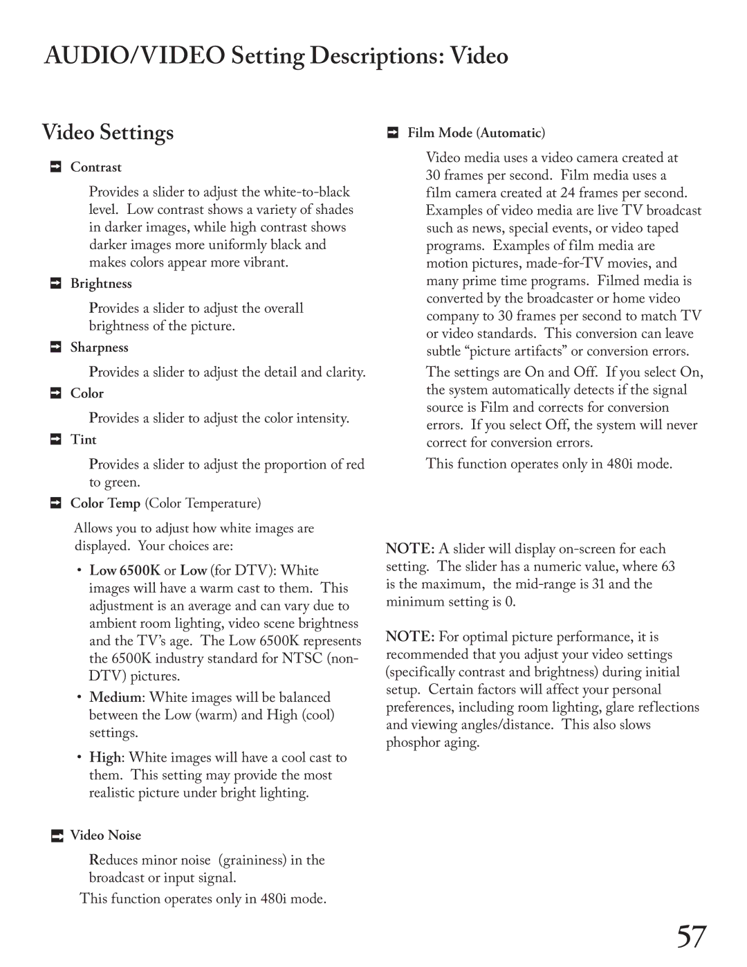 Mitsubishi Electronics WS - 65313, WT - 42313, WS - 48313, WS - 55313 AUDIO/VIDEO Setting Descriptions Video, Video Settings 