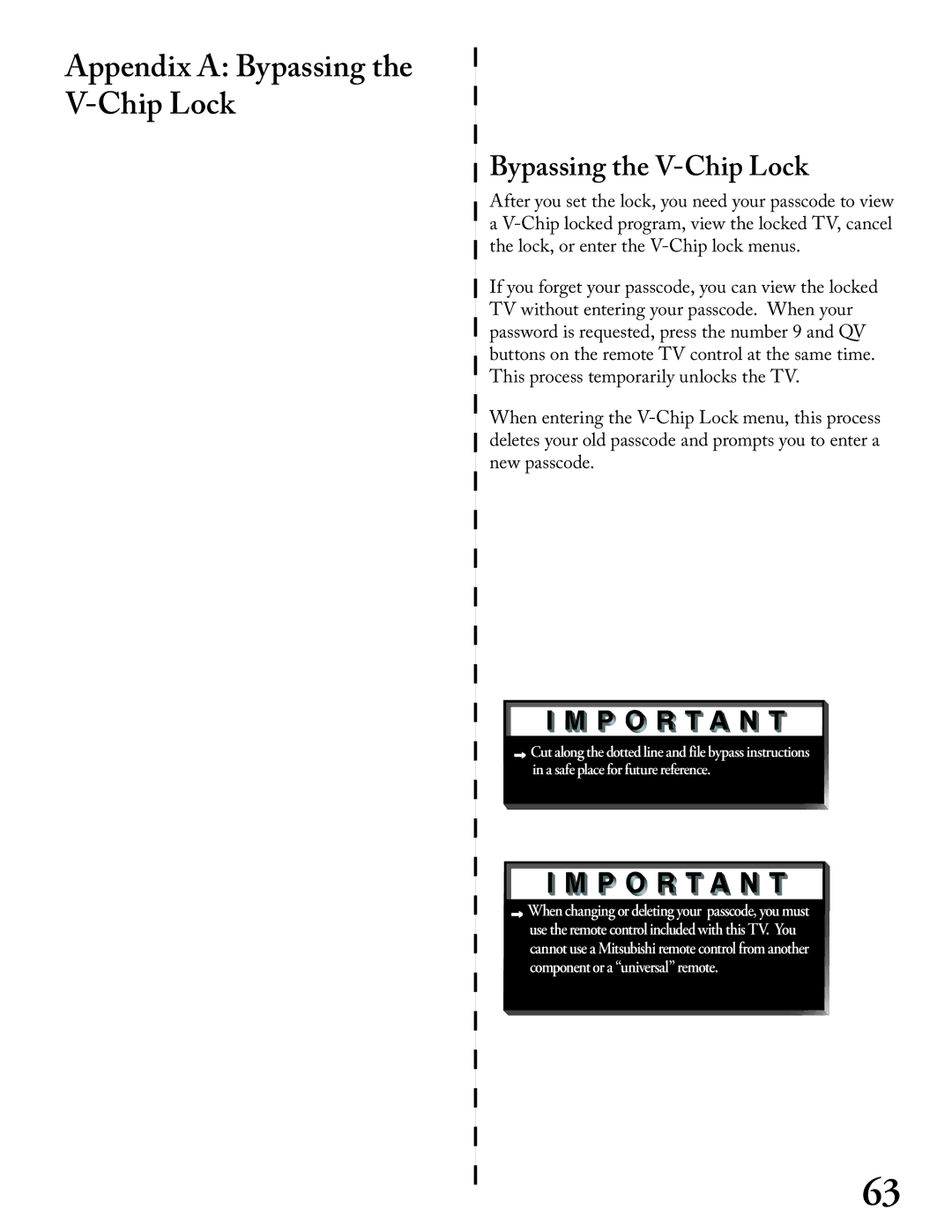 Mitsubishi Electronics WS - 55313, WT - 42313, WS - 65313 manual Appendix a Bypassing Chip Lock, Bypassing the V-Chip Lock 