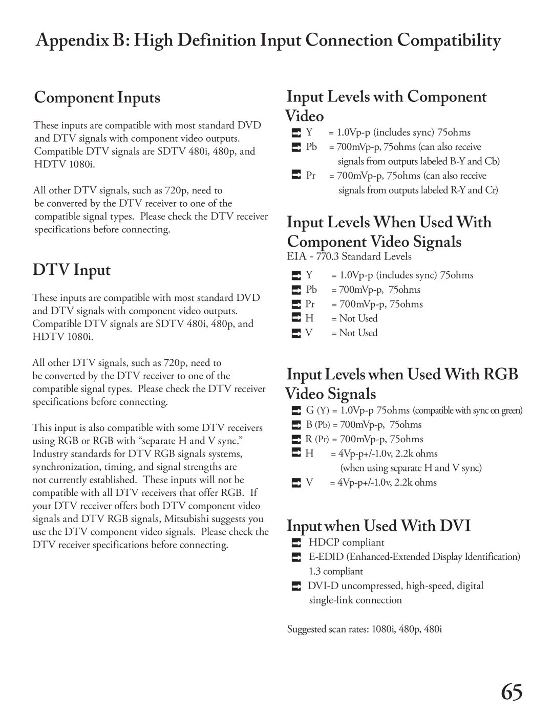 Mitsubishi Electronics WS - 65313 Component Inputs, DTV Input, Input Levels with Component Video, Input when Used With DVI 