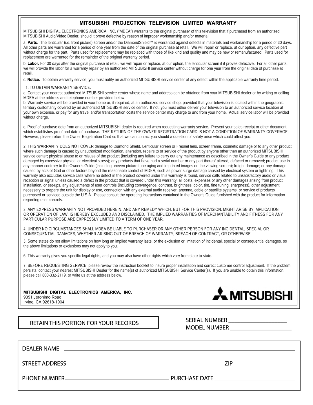 Mitsubishi Electronics WS - 55313, WT - 42313, WS - 65313, WS - 48313 manual 