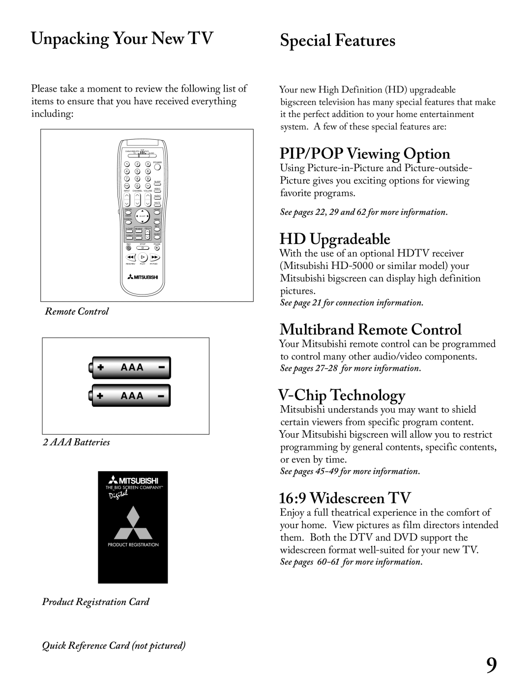 Mitsubishi Electronics WS - 65313, WT - 42313, WS - 48313, WS - 55313 manual Unpacking Your New TV, Special Features 