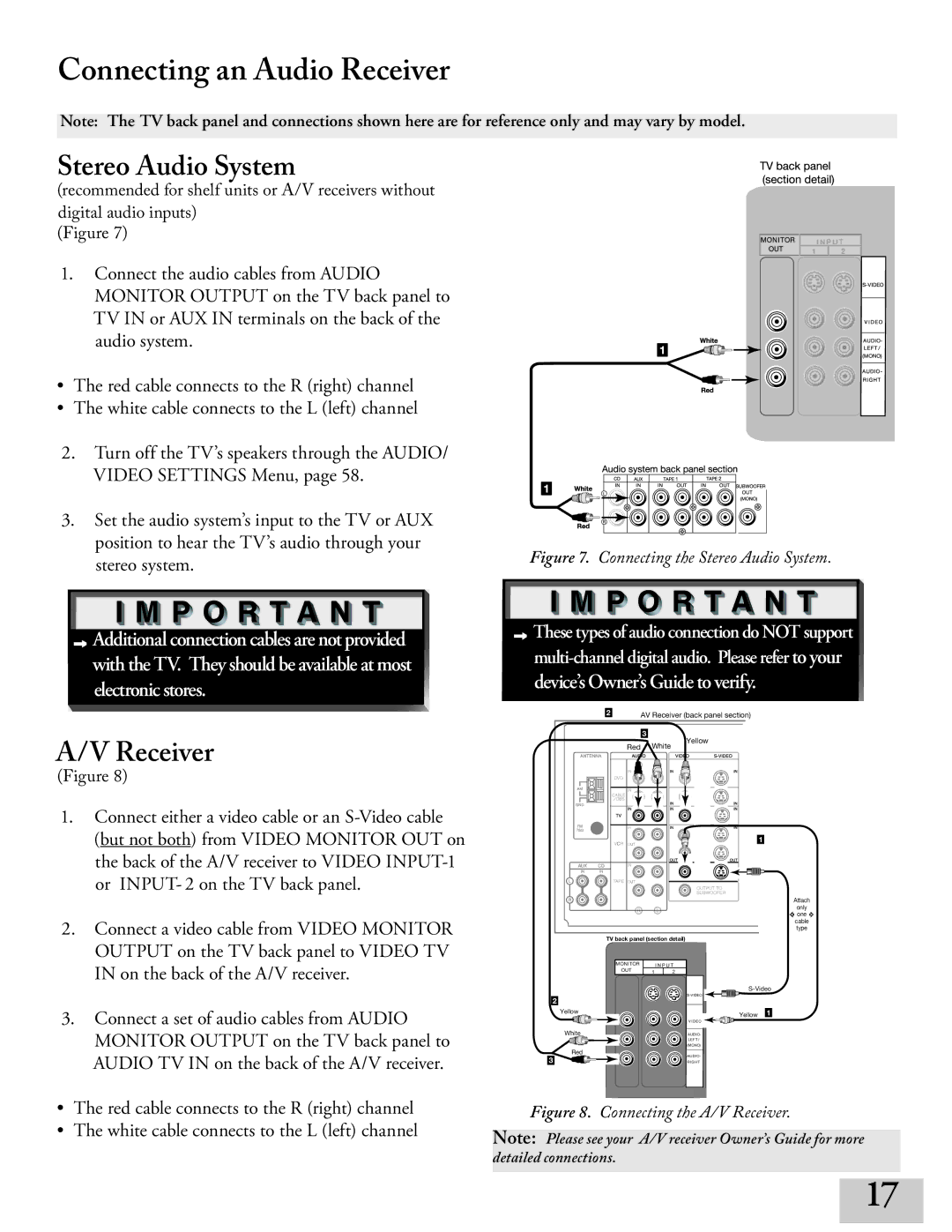 Mitsubishi Electronics ws-65413, WT-42413, ws-55413, ws-48413 manual Connecting an Audio Receiver, Stereo Audio System 