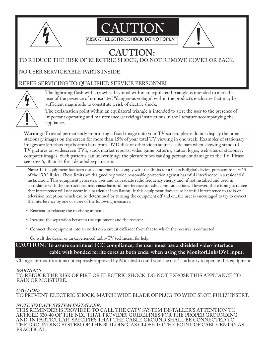 Mitsubishi Electronics ws-55413, WT-42413, ws-65413, ws-48413 manual Risk of Electric Shock do not Open 