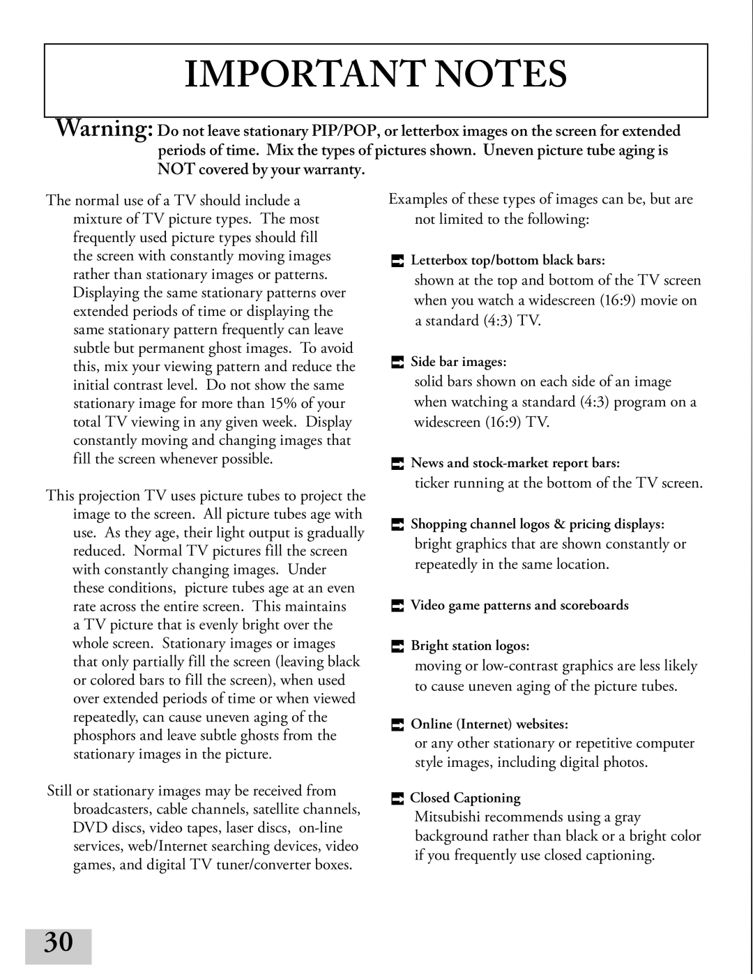 Mitsubishi Electronics ws-55413, WT-42413, ws-65413, ws-48413 manual Important Notes 