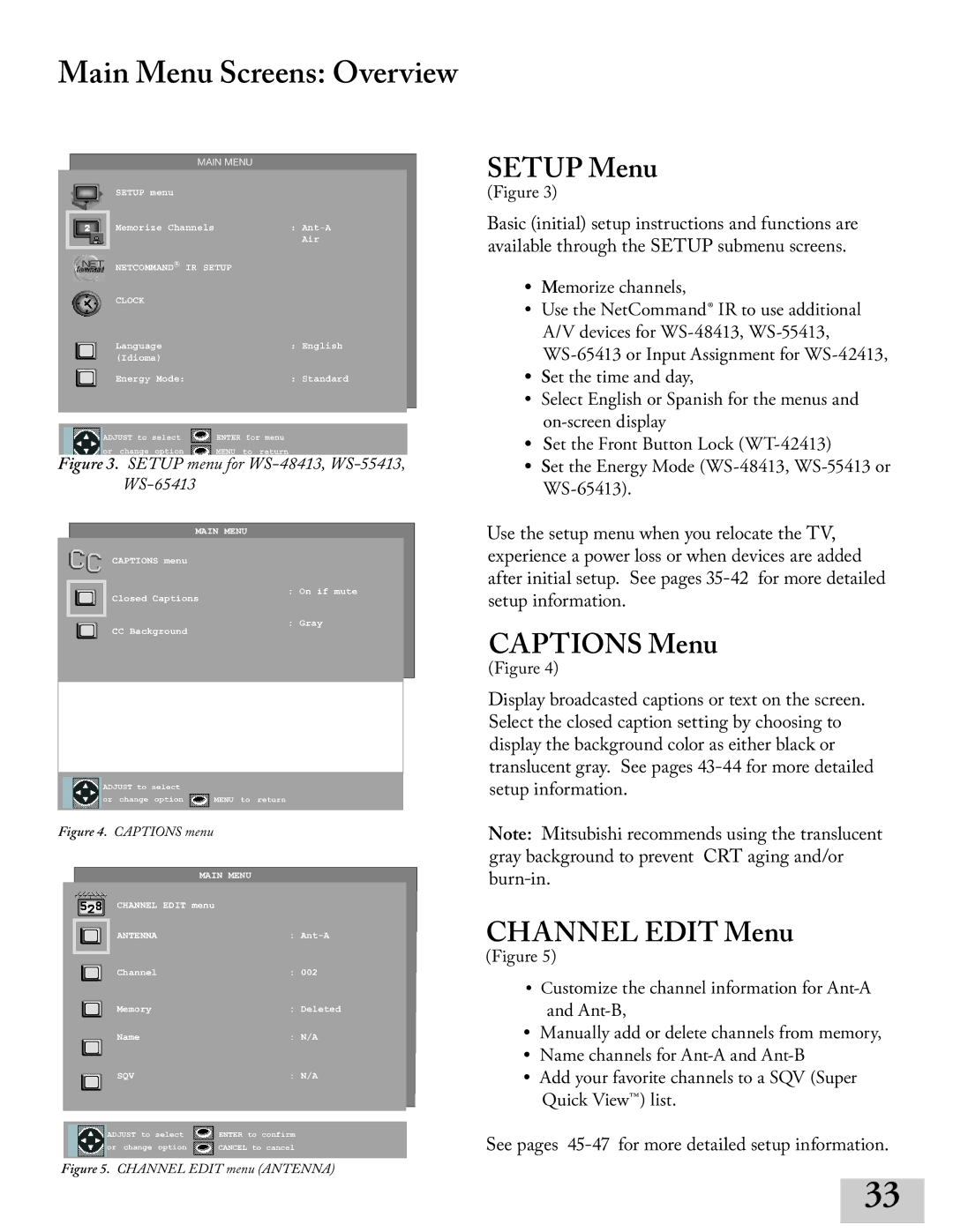 Mitsubishi Electronics ws-65413, WT-42413 manual Main Menu Screens Overview, Setup Menu, Captions Menu, Channel Edit Menu 