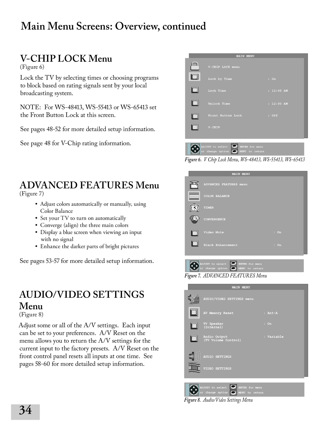 Mitsubishi Electronics ws-55413, WT-42413, ws-65413 manual Chip Lock Menu, Advanced Features Menu, AUDIO/VIDEO Settings Menu 