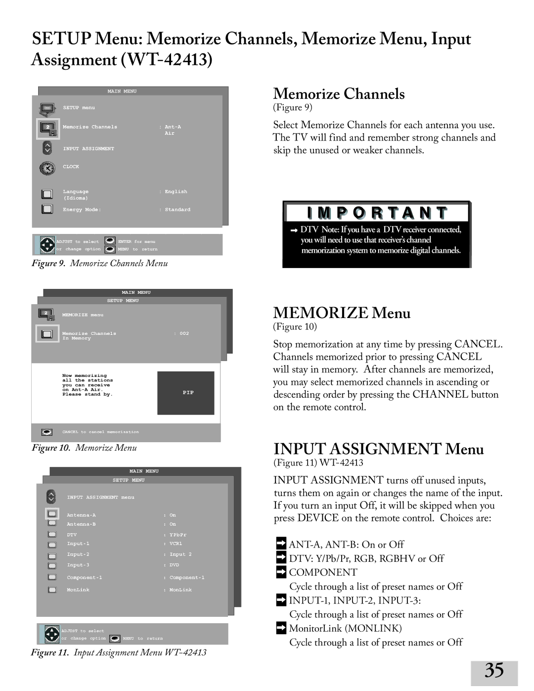 Mitsubishi Electronics ws-48413, WT-42413, ws-65413, ws-55413 manual Memorize Channels, Memorize Menu, Input Assignment Menu 