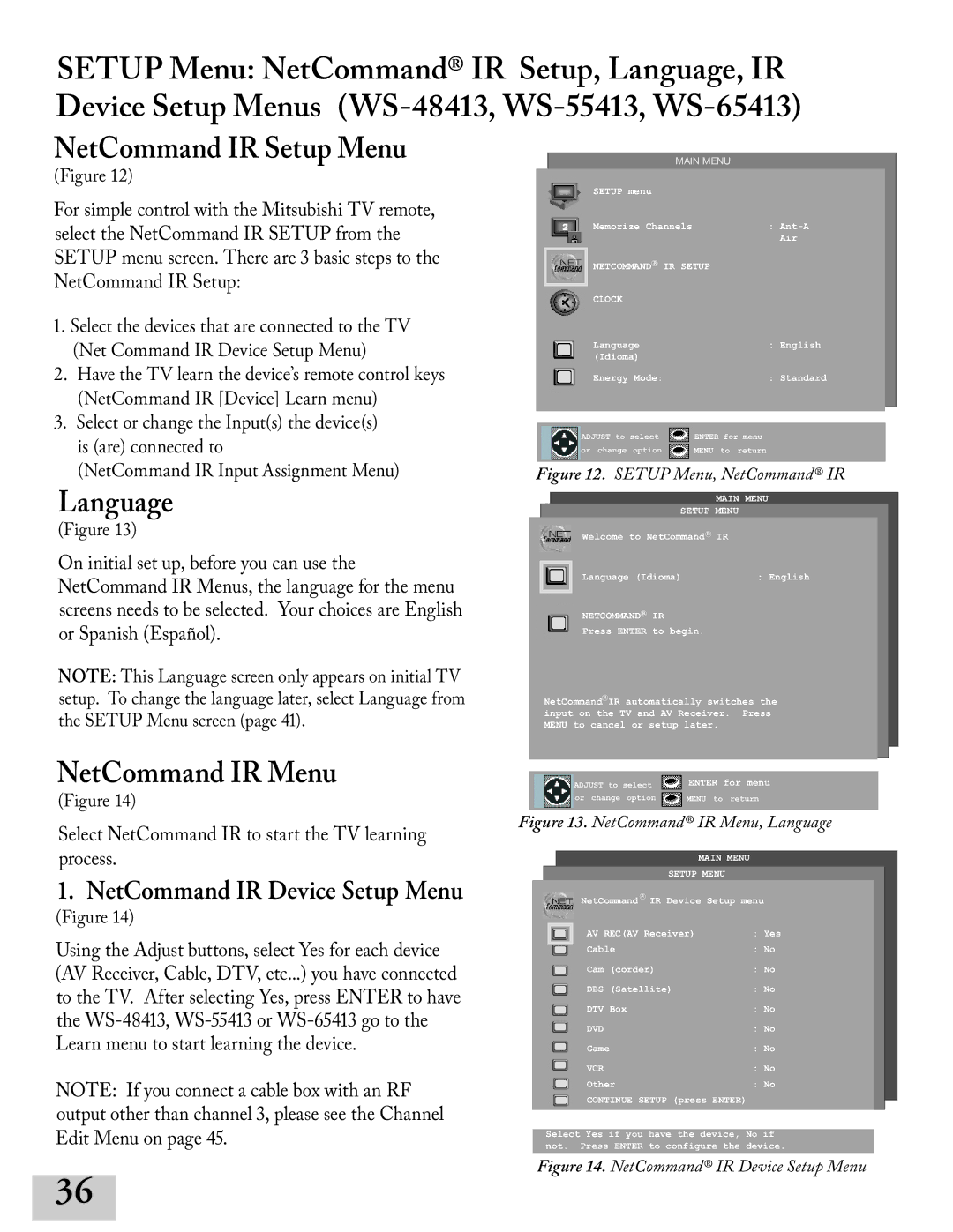 Mitsubishi Electronics WT-42413, ws-65413, ws-55413, ws-48413 manual NetCommand IR Setup Menu 