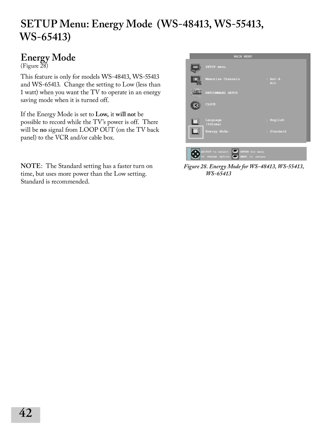 Mitsubishi Electronics ws-55413, WT-42413, ws-65413, ws-48413 manual Setup Menu Energy Mode WS-, WS- WS- 