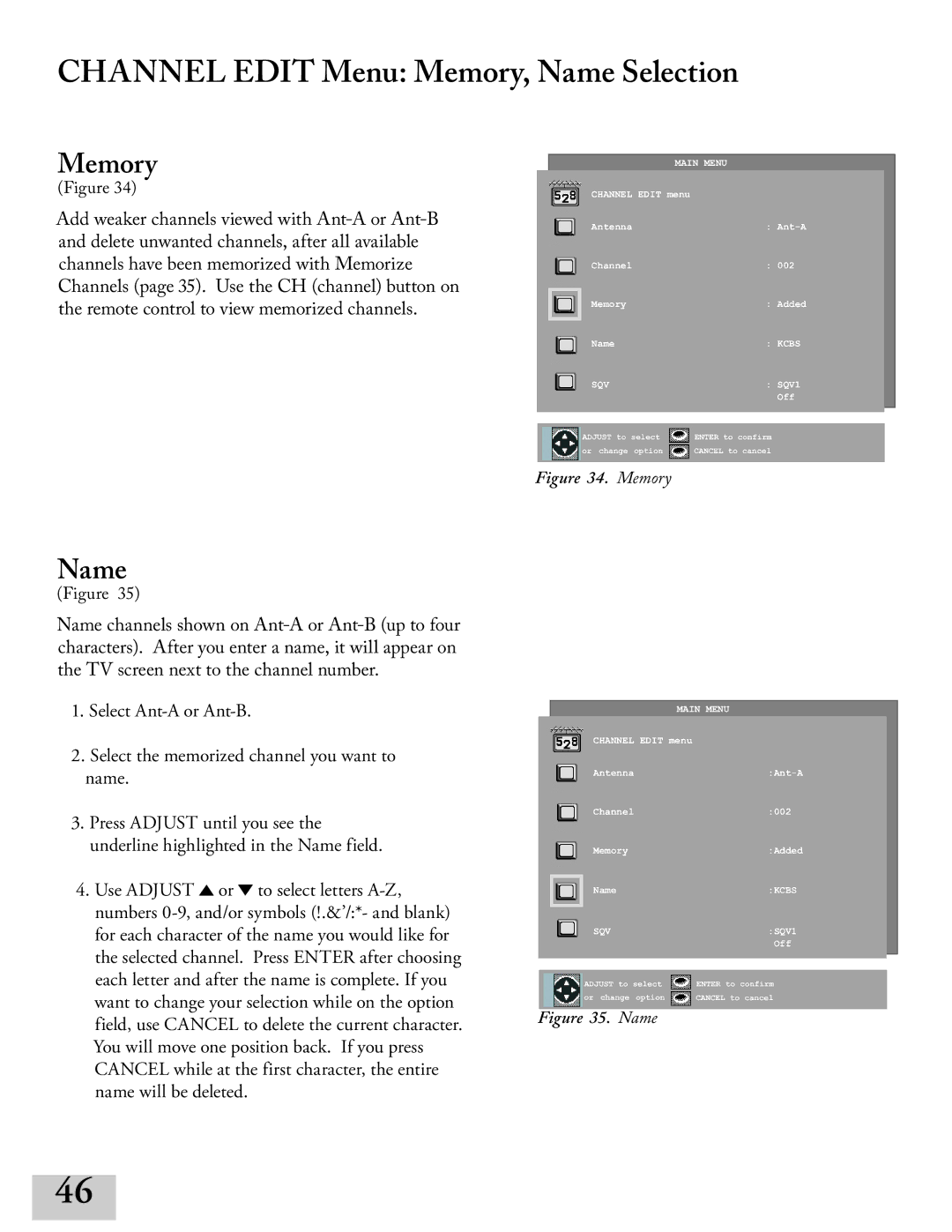 Mitsubishi Electronics ws-55413, WT-42413, ws-65413, ws-48413 manual Channel Edit Menu Memory, Name Selection 