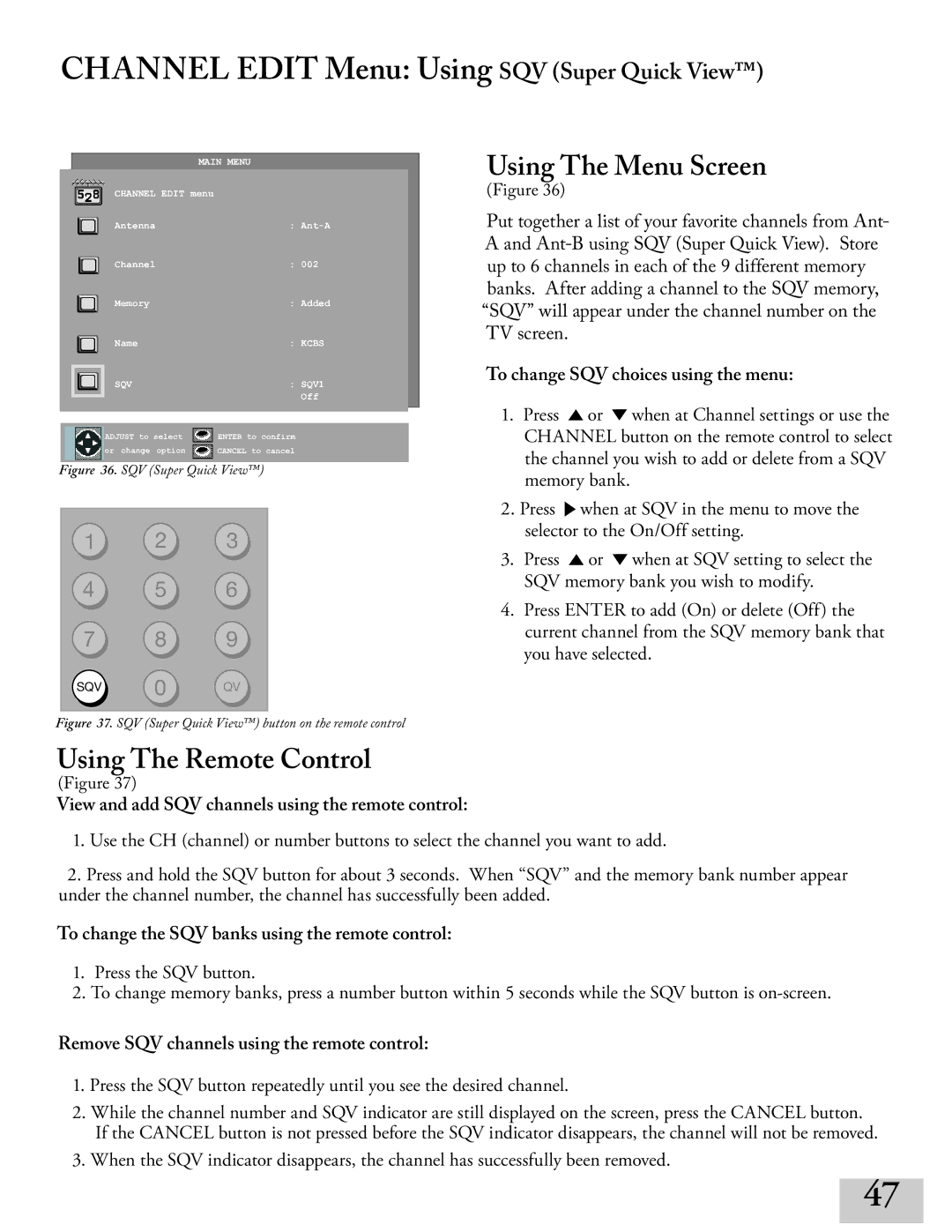 Mitsubishi Electronics ws-48413, WT-42413, ws-65413 Channel Edit Menu Using SQV Super Quick View, Using The Menu Screen 