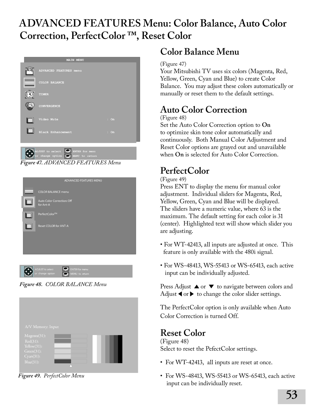 Mitsubishi Electronics ws-65413, WT-42413, ws-55413 Color Balance Menu, Auto Color Correction, PerfectColor, Reset Color 