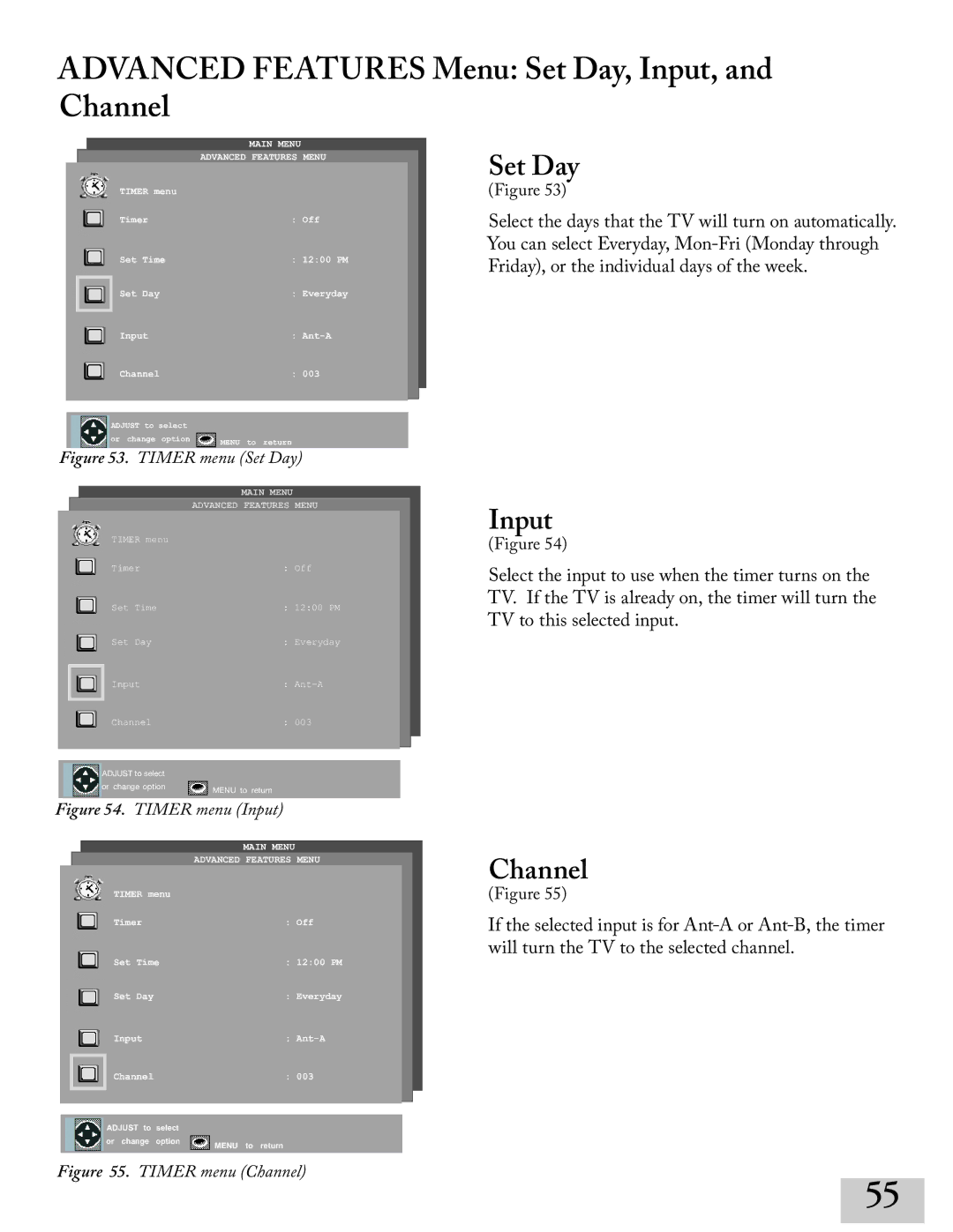 Mitsubishi Electronics ws-48413, WT-42413, ws-65413, ws-55413 manual Advanced Features Menu Set Day, Input, and Channel 