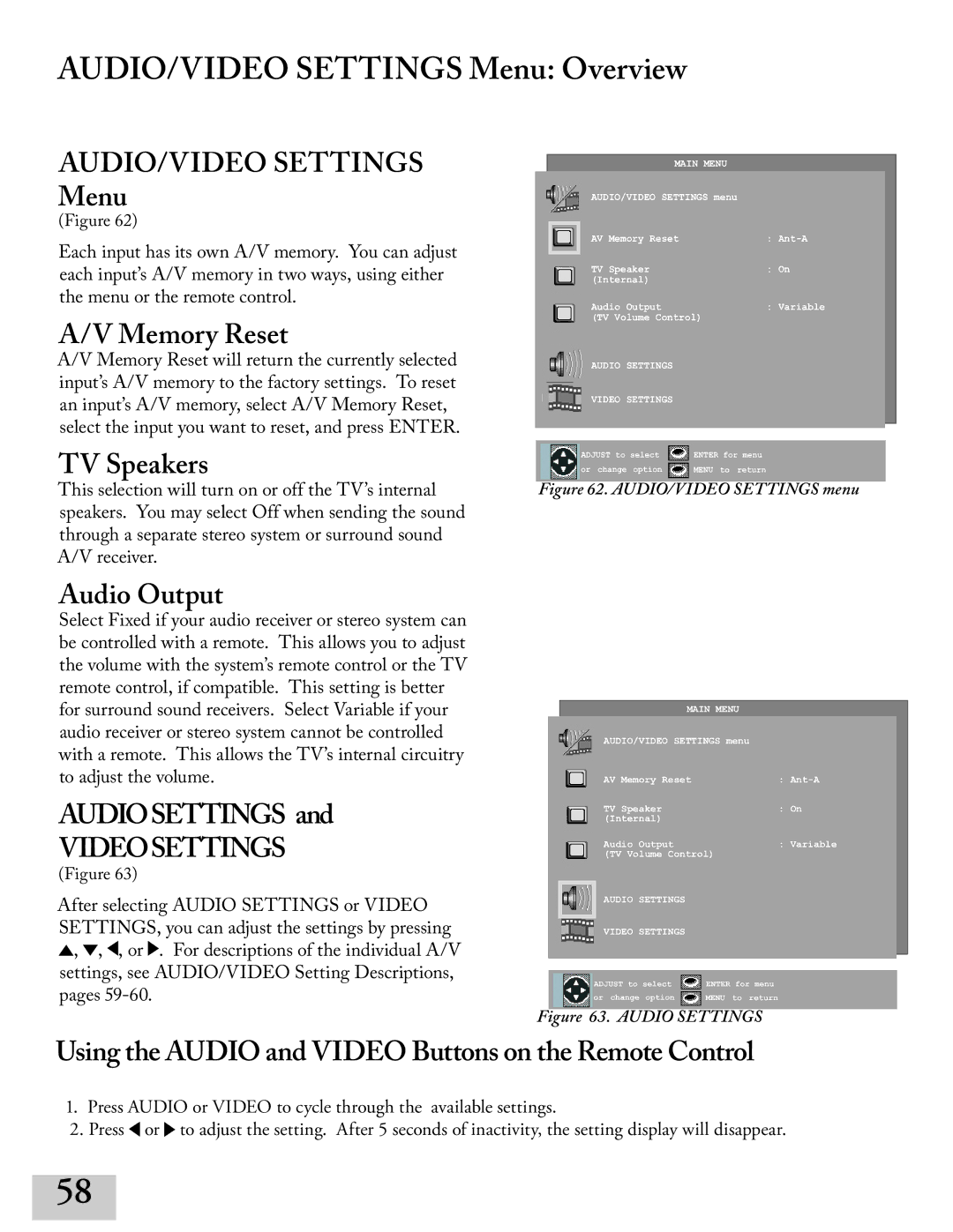 Mitsubishi Electronics ws-55413, WT-42413, ws-65413, ws-48413 manual AUDIO/VIDEO Settings Menu Overview 