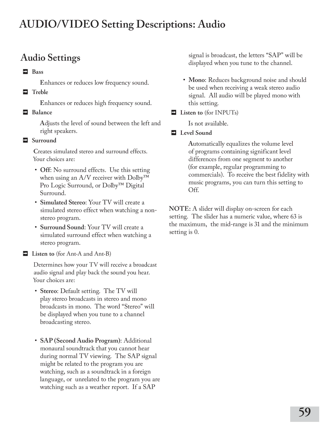 Mitsubishi Electronics ws-48413, WT-42413, ws-65413, ws-55413 manual AUDIO/VIDEO Setting Descriptions Audio, Audio Settings 