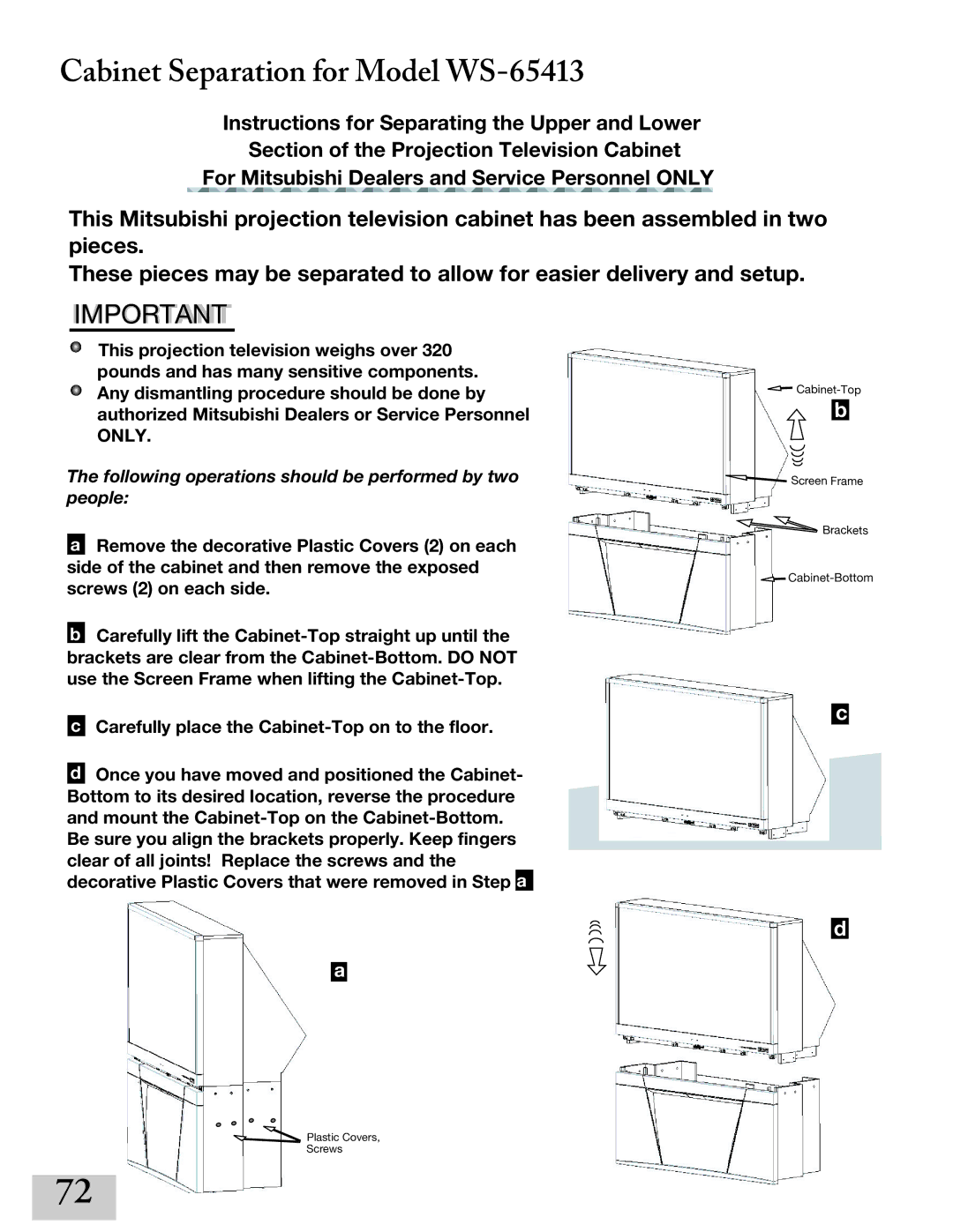 Mitsubishi Electronics WT-42413, ws-65413, ws-55413, ws-48413 manual Cabinet Separation for Model WS- 