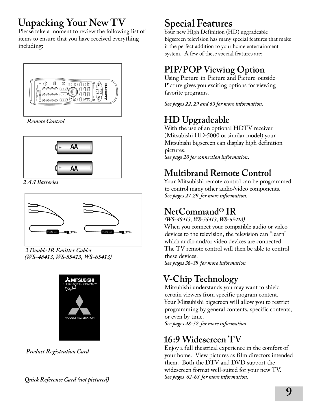 Mitsubishi Electronics ws-65413, WT-42413, ws-55413, ws-48413 manual Unpacking Your New TV, Special Features 