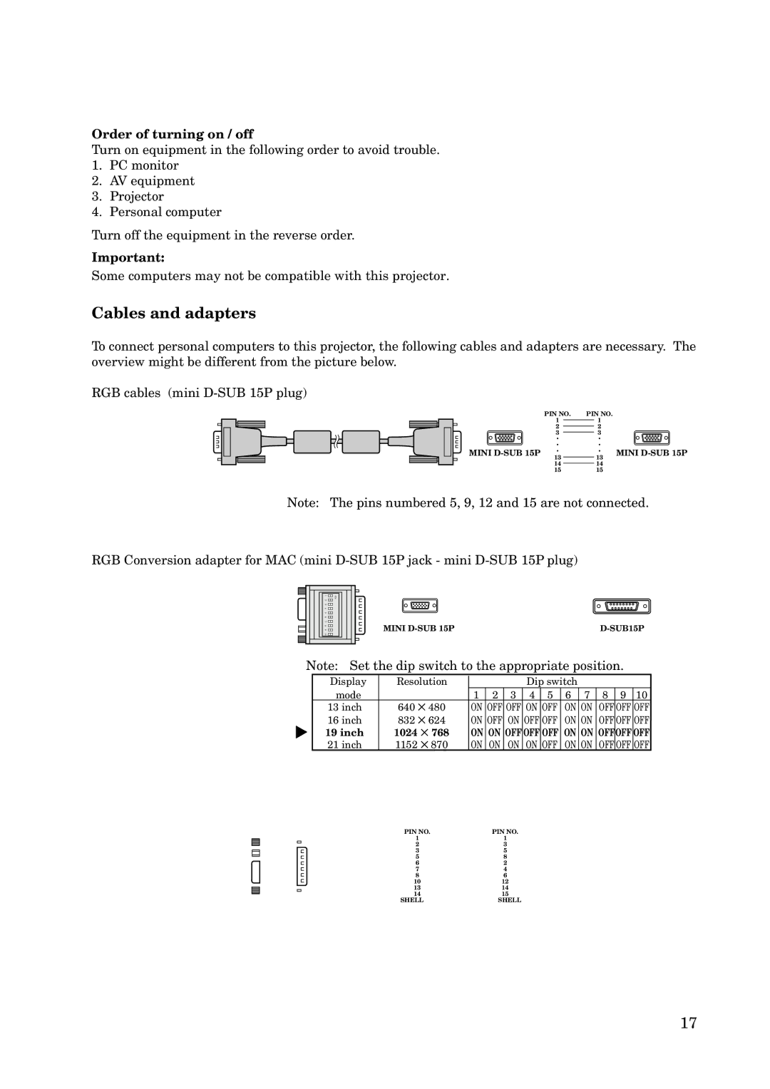 Mitsubishi Electronics X100 manual Cables and adapters, Order of turning on / off 