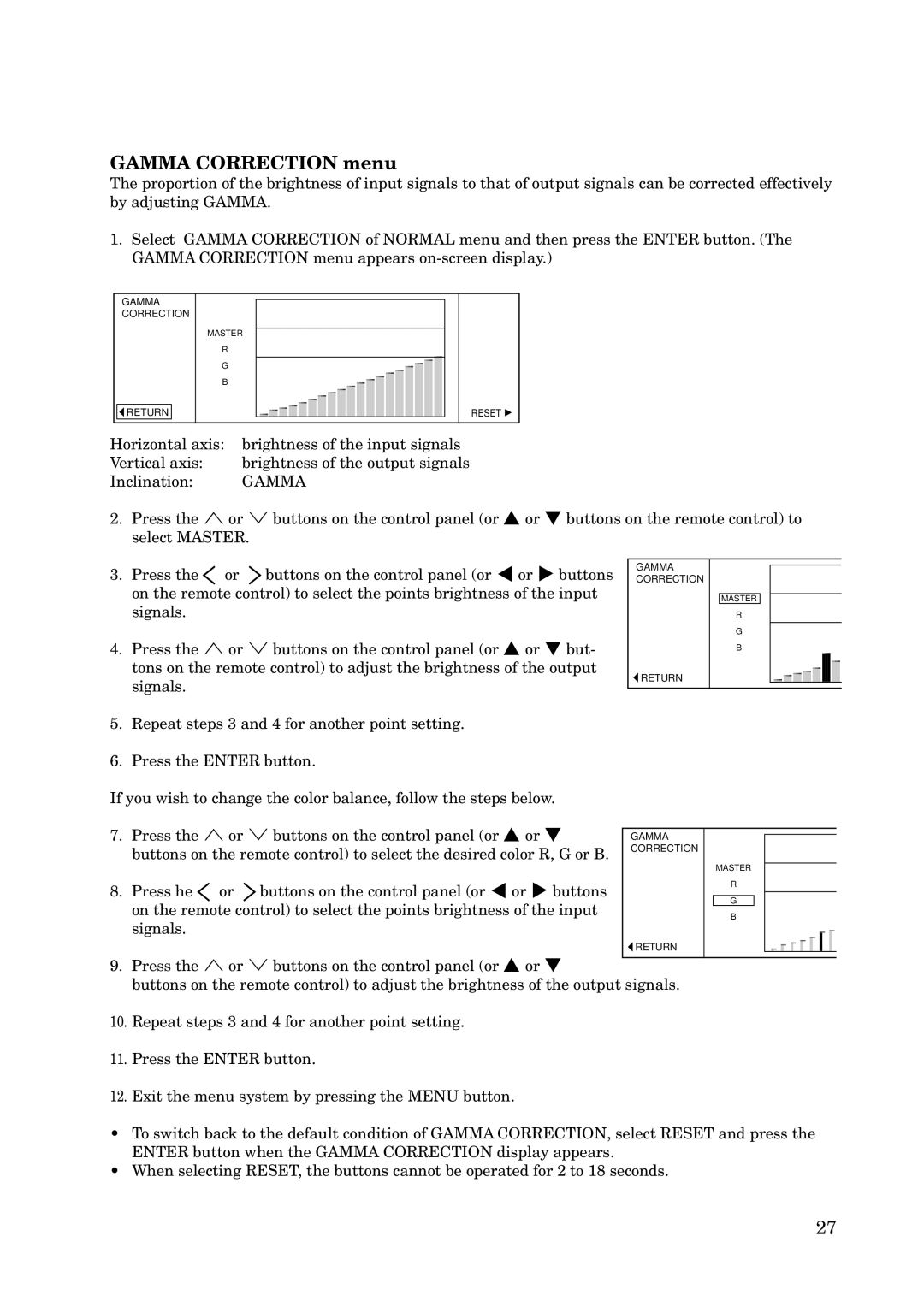 Mitsubishi Electronics X100 manual Gamma Correction menu 