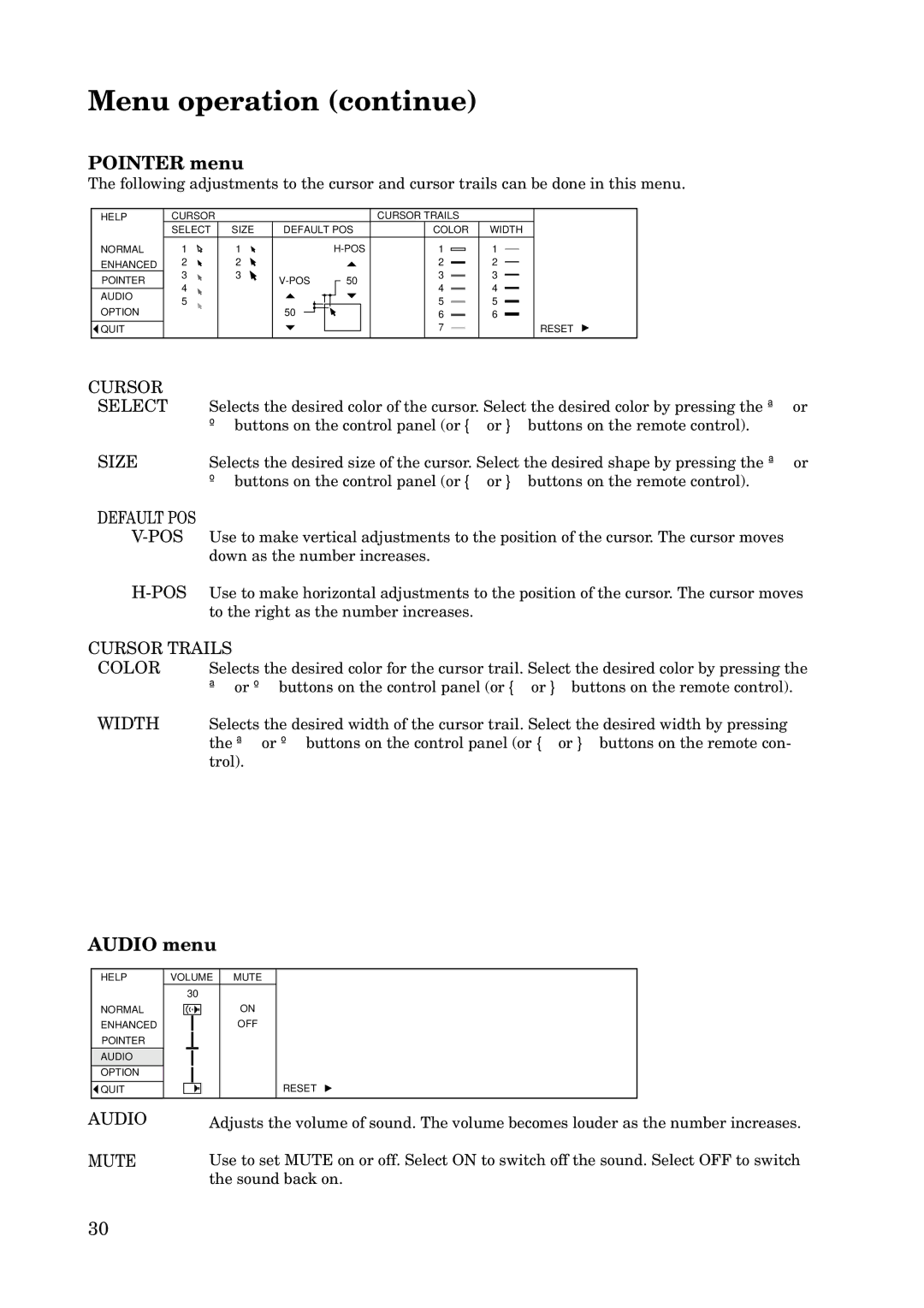 Mitsubishi Electronics X100 manual Pointer menu, Audio menu 