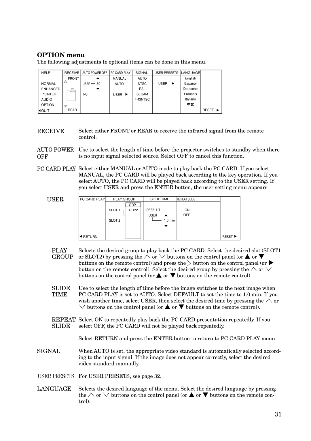 Mitsubishi Electronics X100 manual Option menu, Receive Auto Power OFF 