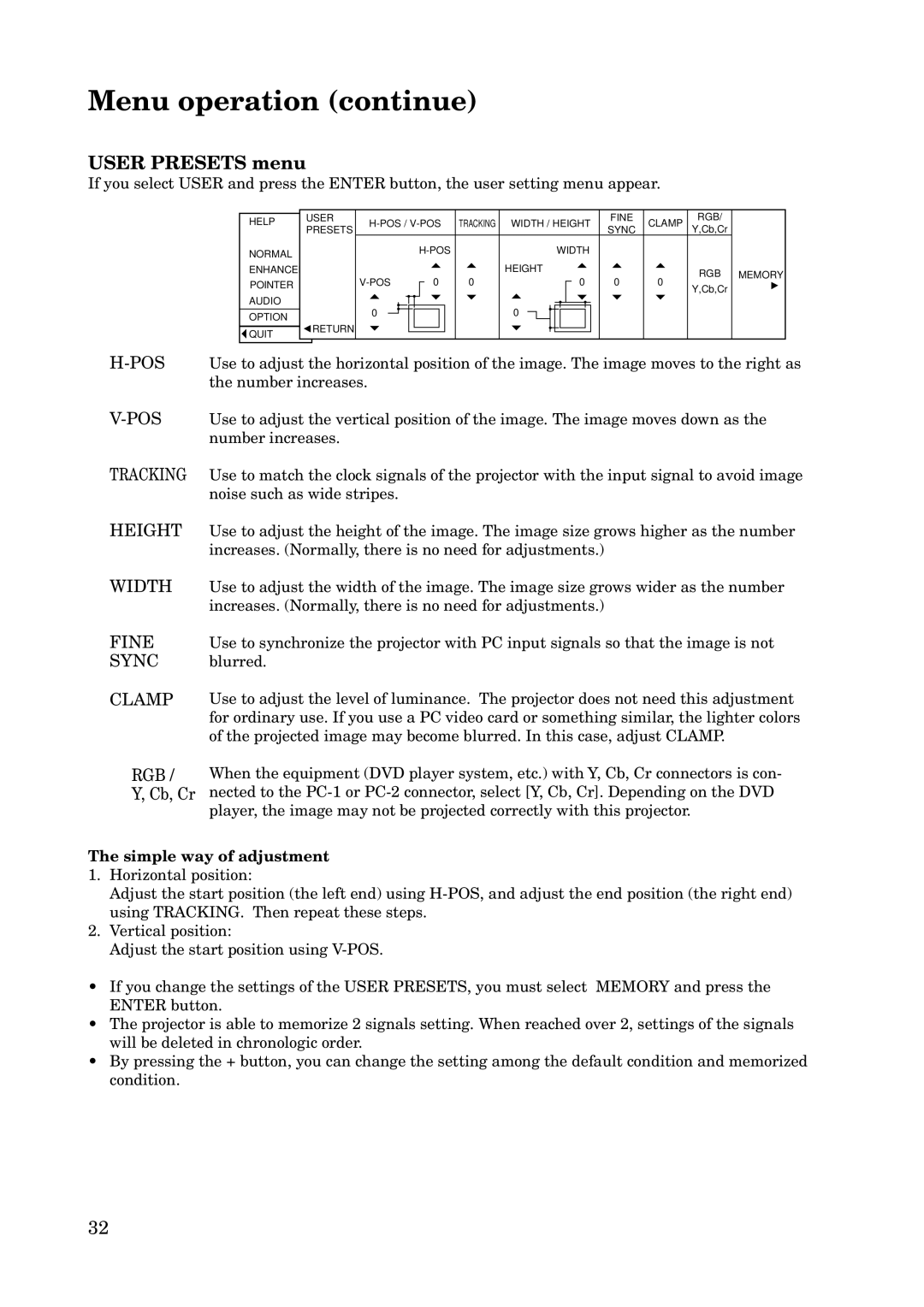 Mitsubishi Electronics X100 manual User Presets menu, Simple way of adjustment 