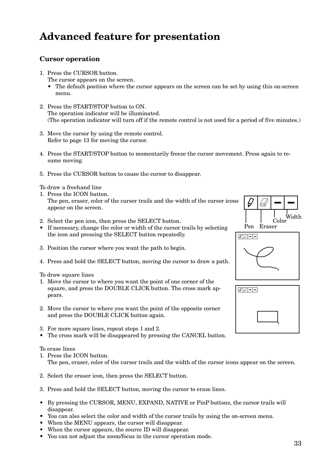 Mitsubishi Electronics X100 manual Advanced feature for presentation, Cursor operation 