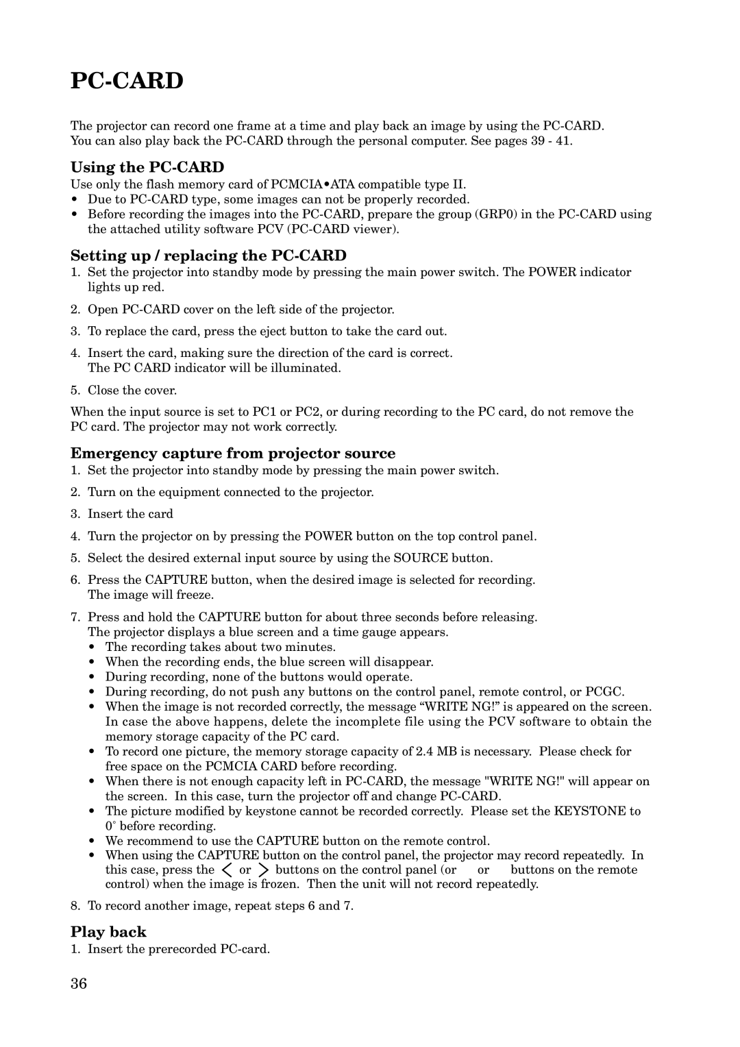 Mitsubishi Electronics X100 Using the PC-CARD, Setting up / replacing the PC-CARD, Emergency capture from projector source 