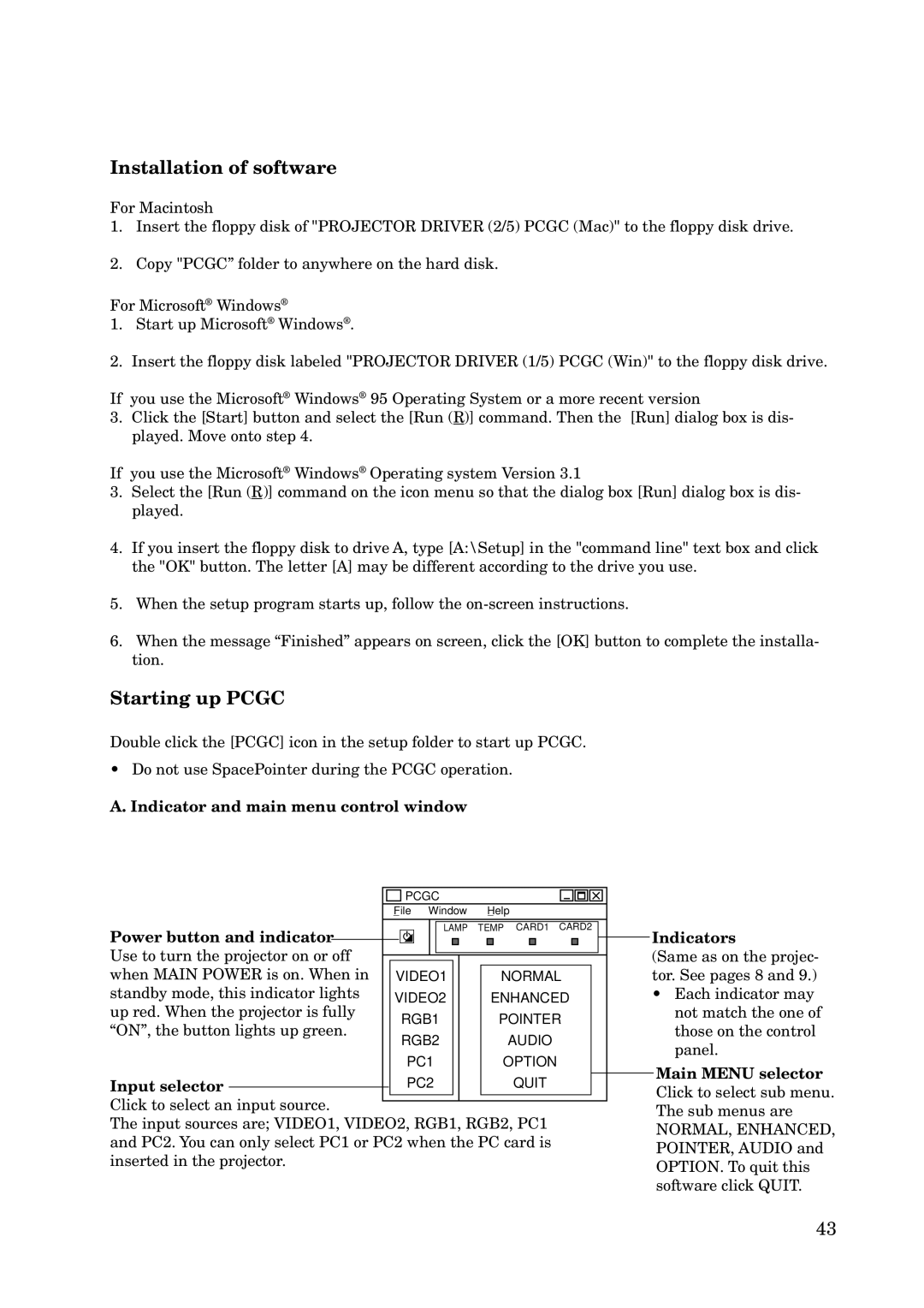 Mitsubishi Electronics X100 manual Starting up Pcgc, Indicator and main menu control window, Power button and indicator 