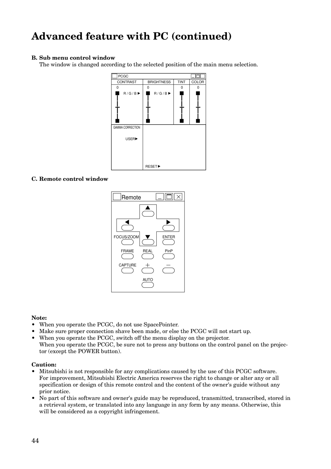 Mitsubishi Electronics X100 manual Sub menu control window, Remote control window 