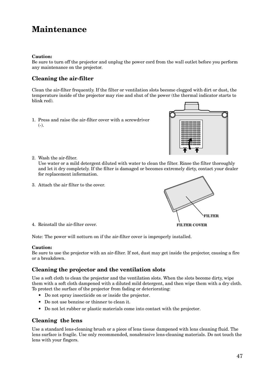 Mitsubishi Electronics X100 manual Maintenance, Cleaning the air-filter, Cleaning the projector and the ventilation slots 