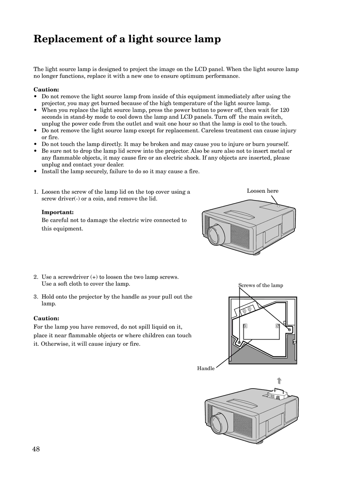 Mitsubishi Electronics X100 manual Replacement of a light source lamp 