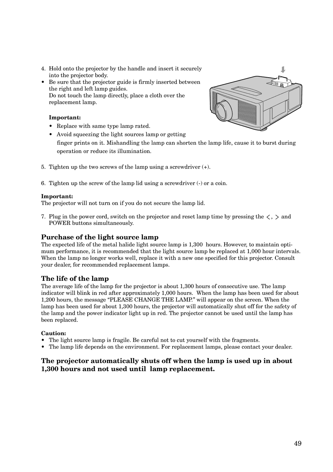 Mitsubishi Electronics X100 manual Purchase of the light source lamp, Life of the lamp 