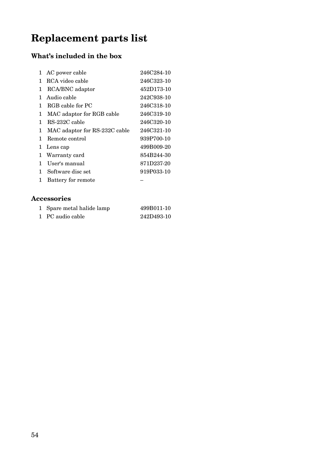 Mitsubishi Electronics X100 manual Replacement parts list, What’s included in the box, Accessories 