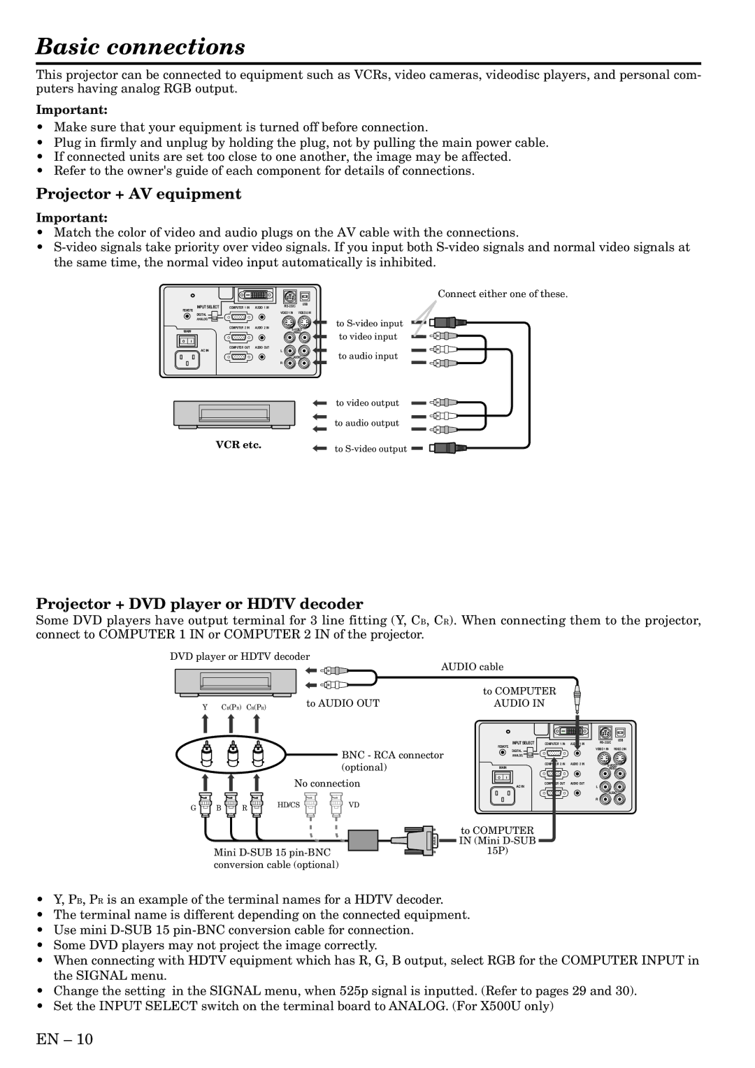 Mitsubishi Electronics X500, X490, S490 Basic connections, Projector + AV equipment, Projector + DVD player or Hdtv decoder 