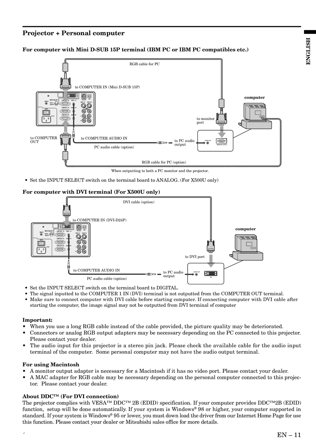 Mitsubishi Electronics S490, X490 user manual Projector + Personal computer, For computer with DVI terminal For X500U only 