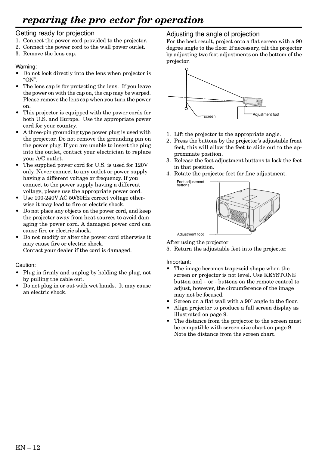 Mitsubishi Electronics X490, X500, S490 user manual Preparing the projector for operation, Getting ready for projection 