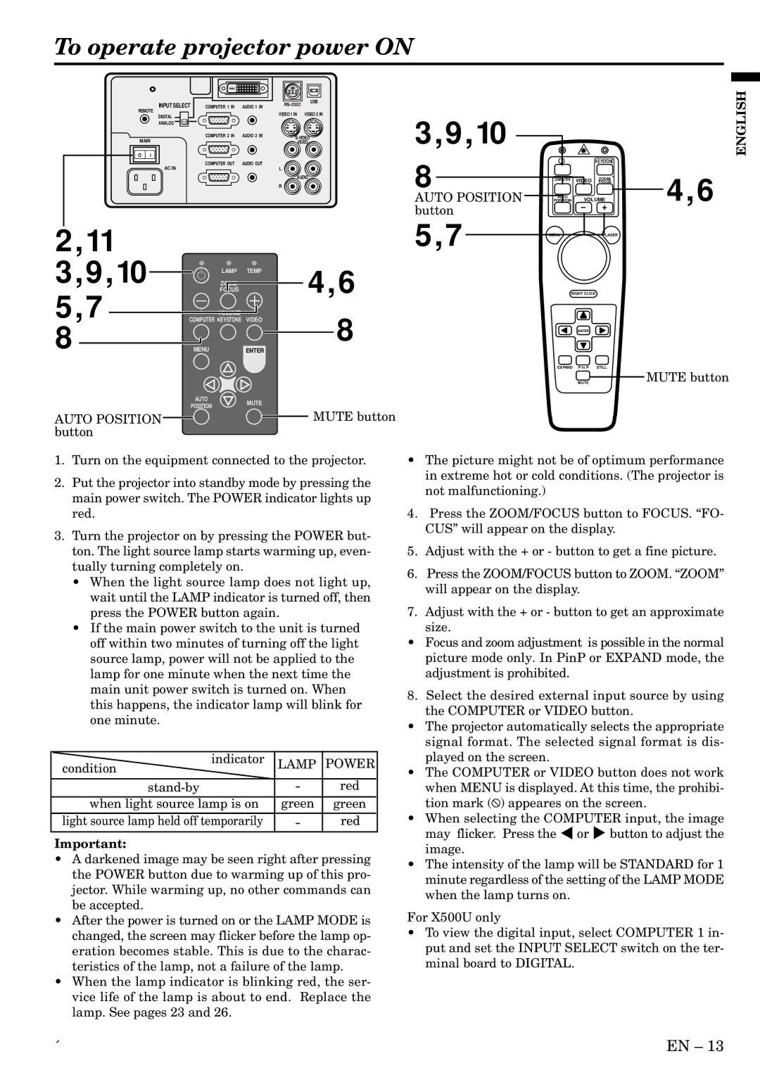 Mitsubishi Electronics X500, X490, S490 user manual To operate projector power on, Button 