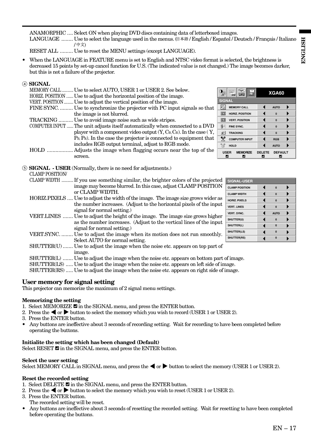 Mitsubishi Electronics S490, X490, X500 User memory for signal setting, Memorizing the setting, Select the user setting 